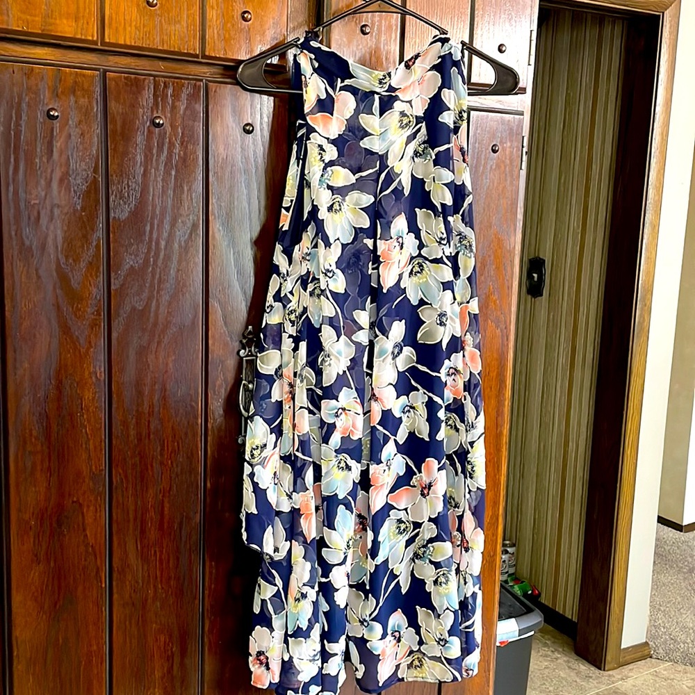 Macy’s Collection floral pattern w navy color. High neck w flowy skirt! EUC :)